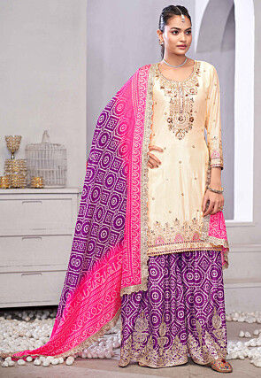 Embroidered Chinon Silk Pakistani Suit in Cream