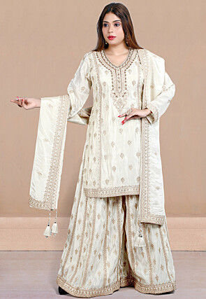 Embroidered Chinon Silk Pakistani Suit in Cream