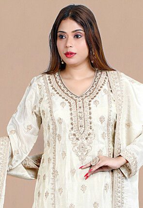 Embroidered Chinon Silk Pakistani Suit in Cream