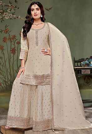 Embroidered Chinon Silk Pakistani Suit in Cream