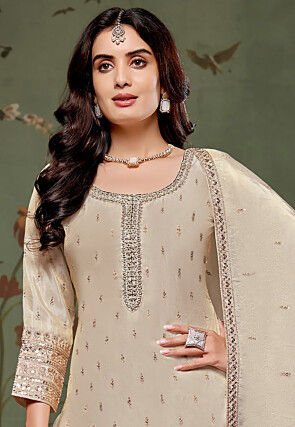 Embroidered Chinon Silk Pakistani Suit in Cream