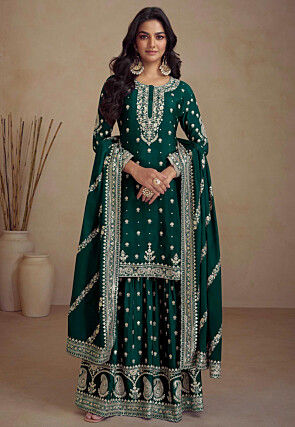 Embroidered Chinon Silk Pakistani Suit in Dark Green
