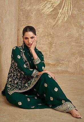 Dark Green Indo-Western Embroidered Chinon Jumpsuit main image 1