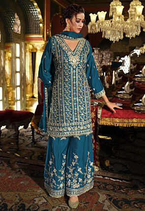 Embroidered Chinon Silk Pakistani Suit in Dark Teal Blue