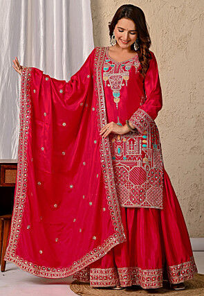 Embroidered Chinon Silk Pakistani Suit in Fuchsia