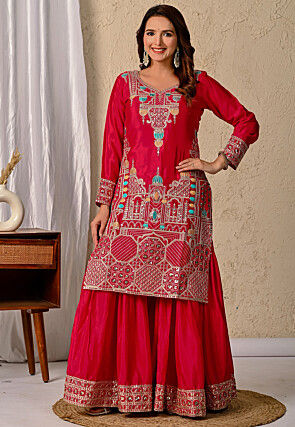 Embroidered Chinon Silk Pakistani Suit in Fuchsia
