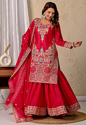 Embroidered Chinon Silk Pakistani Suit in Fuchsia