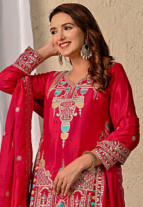 Embroidered Chinon Silk Pakistani Suit in Fuchsia