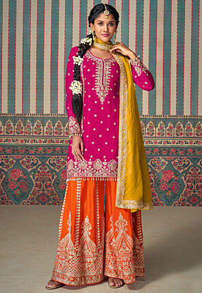 Embroidered Chinon Silk Pakistani Suit in Fuchsia
