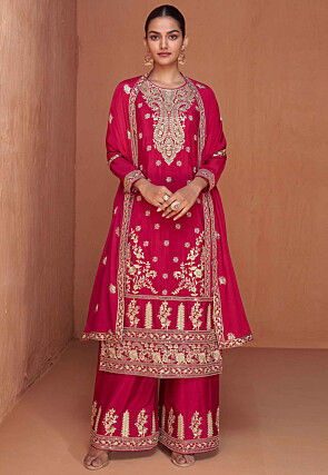 Embroidered Chinon Silk Pakistani Suit in Fuchsia