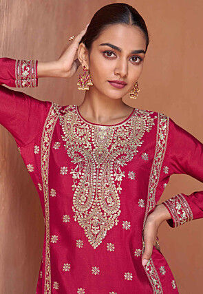 Embroidered Chinon Silk Pakistani Suit in Fuchsia