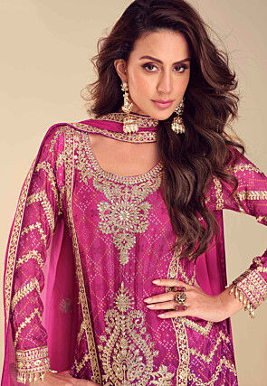 Embroidered Chinon Silk Pakistani Suit in Fuchsia