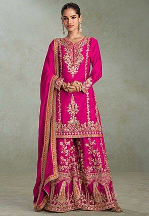 Embroidered Chinon Silk Pakistani Suit in Fuchsia
