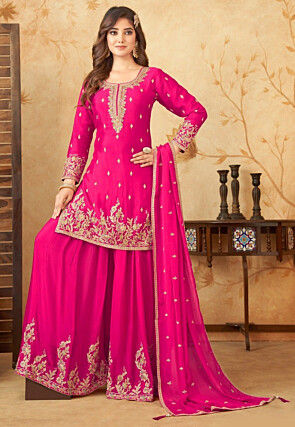 Embroidered Chinon Silk Pakistani Suit in Fuchsia