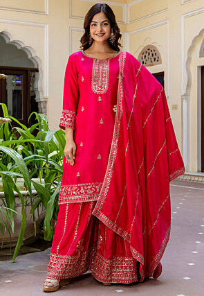 Embroidered Chinon Silk Pakistani Suit in Fuchsia