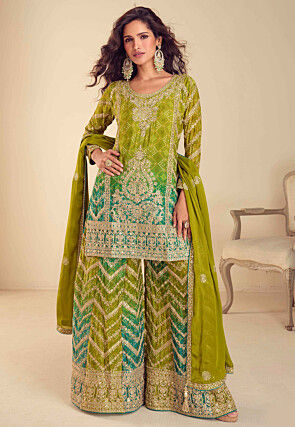 Embroidered Chinon Silk Pakistani Suit in Green