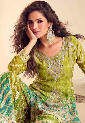 Embroidered Chinon Silk Pakistani Suit in Green