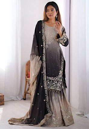 Embroidered Chinon Silk Pakistani Suit in Grey Ombre