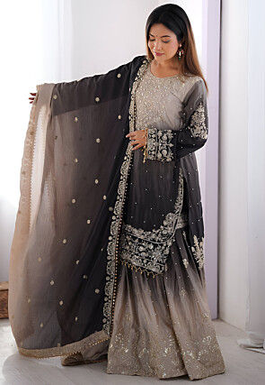 Embroidered Chinon Silk Pakistani Suit in Grey Ombre
