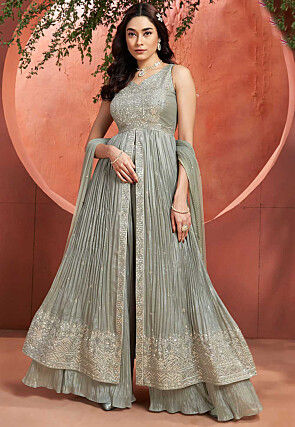 Embroidered Chinon Silk Pakistani Suit in Grey