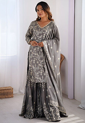 Embroidered Chinon Silk Pakistani Suit in Grey
