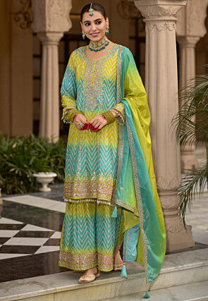 Embroidered Chinon Silk Pakistani Suit in Light Green and Teal Blue