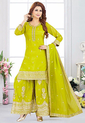 Embroidered Chinon Silk Pakistani Suit in Light Green