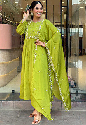 Embroidered Chinon Silk Pakistani Suit in Light Green