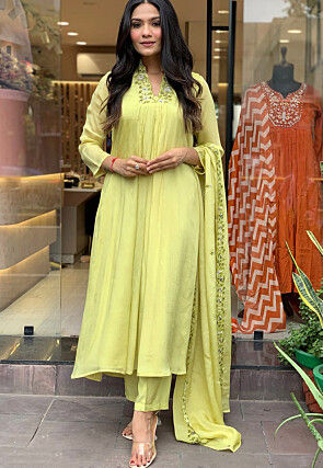 Embroidered Chinon Silk Pakistani Suit in Light Green