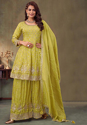 Embroidered Chinon Silk Pakistani Suit in Light Green