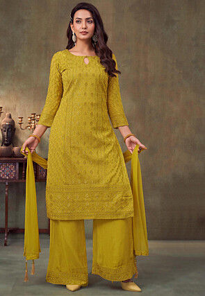 Embroidered Chinon Silk Pakistani Suit in Light Olive Green