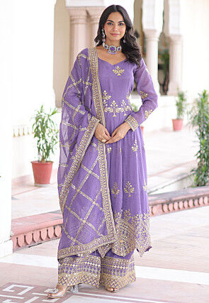 Embroidered Chinon Silk Pakistani Suit in Light Purple