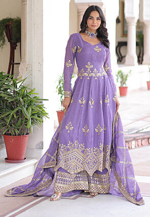 Embroidered Chinon Silk Pakistani Suit in Light Purple