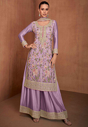 Embroidered Chinon Silk Pakistani Suit in Light Purple