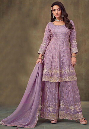 Embroidered Chinon Silk Pakistani Suit in Light Purple