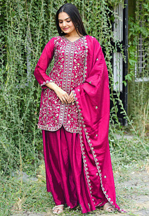 Embroidered Chinon Silk Pakistani Suit in Magenta