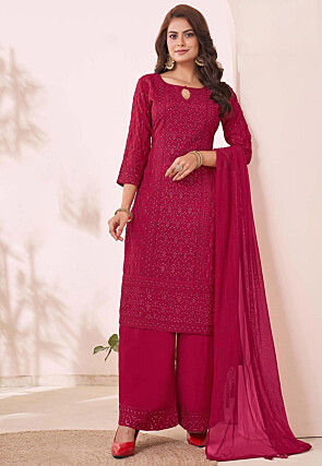 Embroidered Chinon Silk Pakistani Suit in Magenta