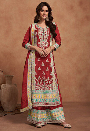 Embroidered Chinon Silk Pakistani Suit in Maroon