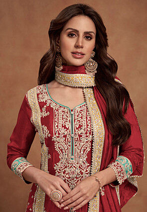 Embroidered Chinon Silk Pakistani Suit in Maroon