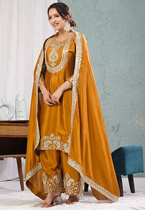 Embroidered Chinon Silk Pakistani Suit in Mustard