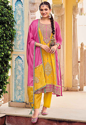 embroidered chinon silk pakistani suit in mustard v1 kch12576