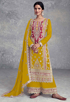 Embroidered Chinon Silk Pakistani Suit in Mustard