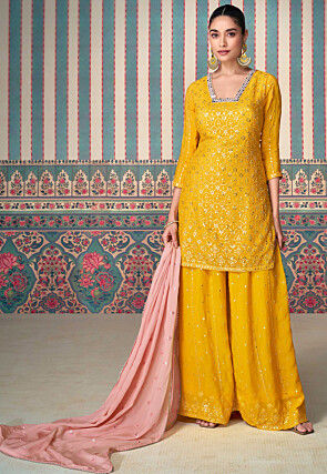 Embroidered Chinon Silk Pakistani Suit in Mustard