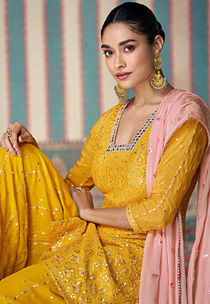 Embroidered Chinon Silk Pakistani Suit in Mustard
