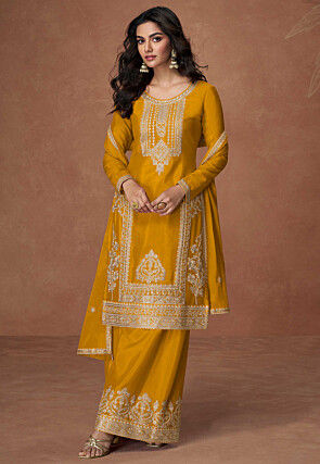 Embroidered Chinon Silk Pakistani Suit in Mustard