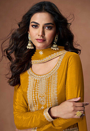 Embroidered Chinon Silk Pakistani Suit in Mustard