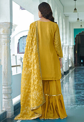 Embroidered Chinon Silk Pakistani Suit in Mustard