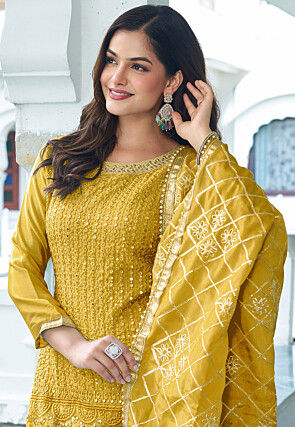 Embroidered Chinon Silk Pakistani Suit in Mustard