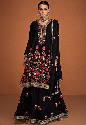 Embroidered Chinon Silk Pakistani Suit in Black