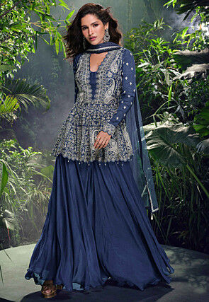 Embroidered Chinon Silk Jacquard Pakistani Suit in Navy Blue